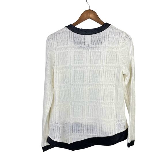 Waverly Grey Cream Thin Open Knit Black Trim Pullover Long Sleeve Sweater - Picture 9 of 11